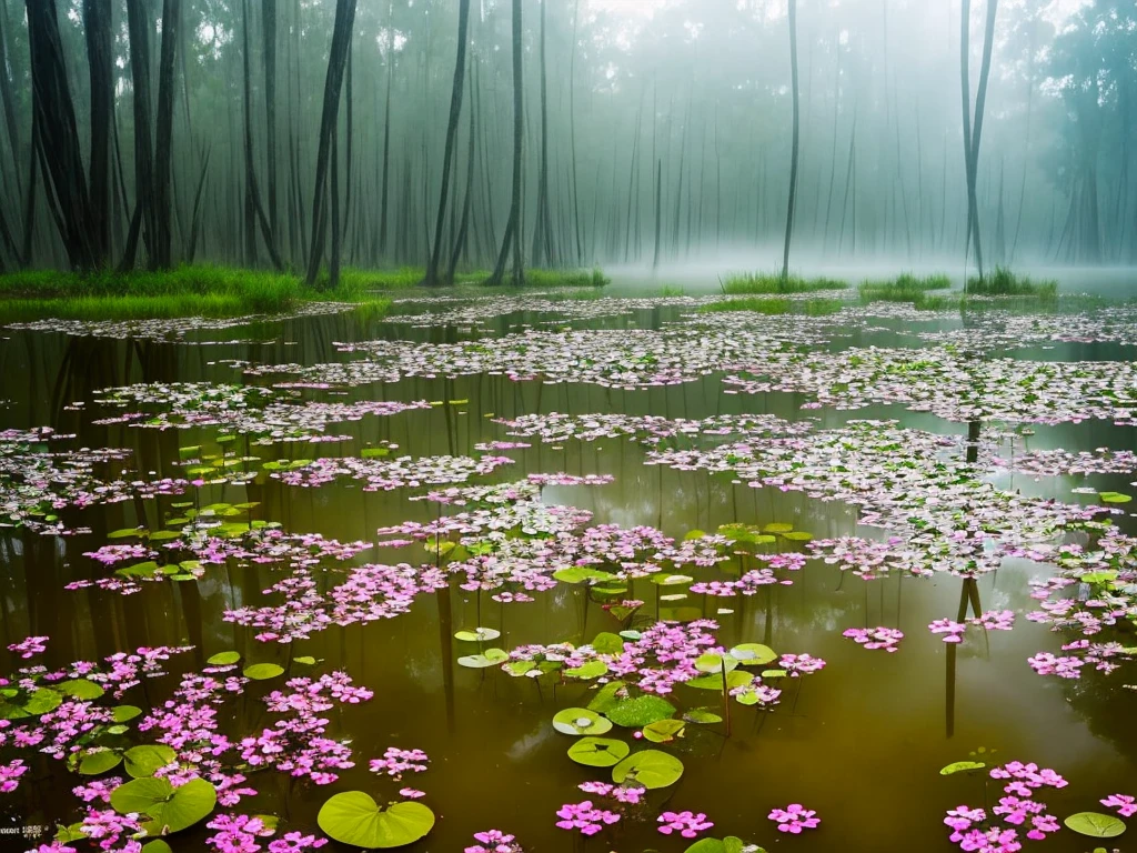 there are many flowers that are growing in the water, a picture by Leland Bell, flickr, romanticism, artistic swamp with mystic fog, misty swamp, located in a swamp at sunrise, scene from louisiana swamps, foggy swamp, in a misty pond, louisiana swamps, mystical forest lagoon, beautiful and mysterious, harmony of swamp, in a foggy pond