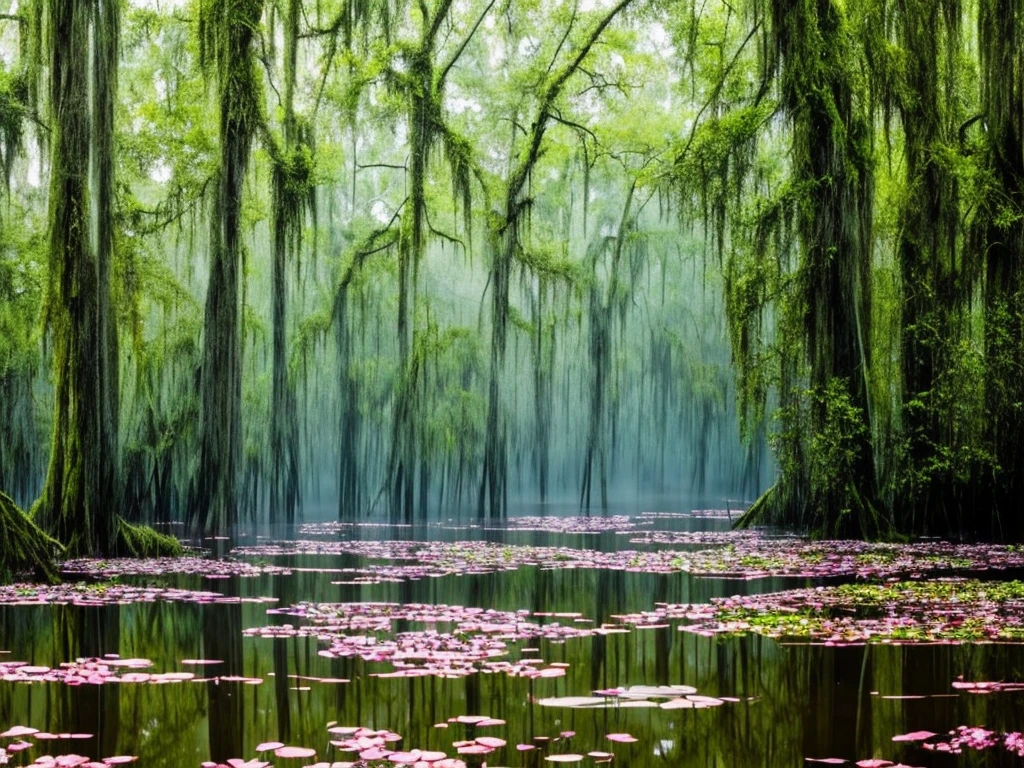there are many flowers that are growing in the water, a picture by Leland Bell, flickr, romanticism, artistic swamp with mystic fog, misty swamp, located in a swamp at sunrise, scene from louisiana swamps, foggy swamp, in a misty pond, louisiana swamps, mystical forest lagoon, beautiful and mysterious, harmony of swamp, in a foggy pond