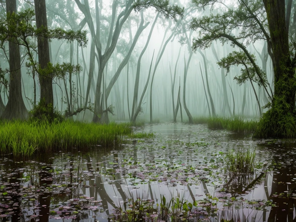 there are many flowers that are growing in the water, a picture by Leland Bell, flickr, romanticism, artistic swamp with mystic fog, misty swamp, located in a swamp at sunrise, scene from louisiana swamps, foggy swamp, in a misty pond, louisiana swamps, mystical forest lagoon, beautiful and mysterious, harmony of swamp, in a foggy pond