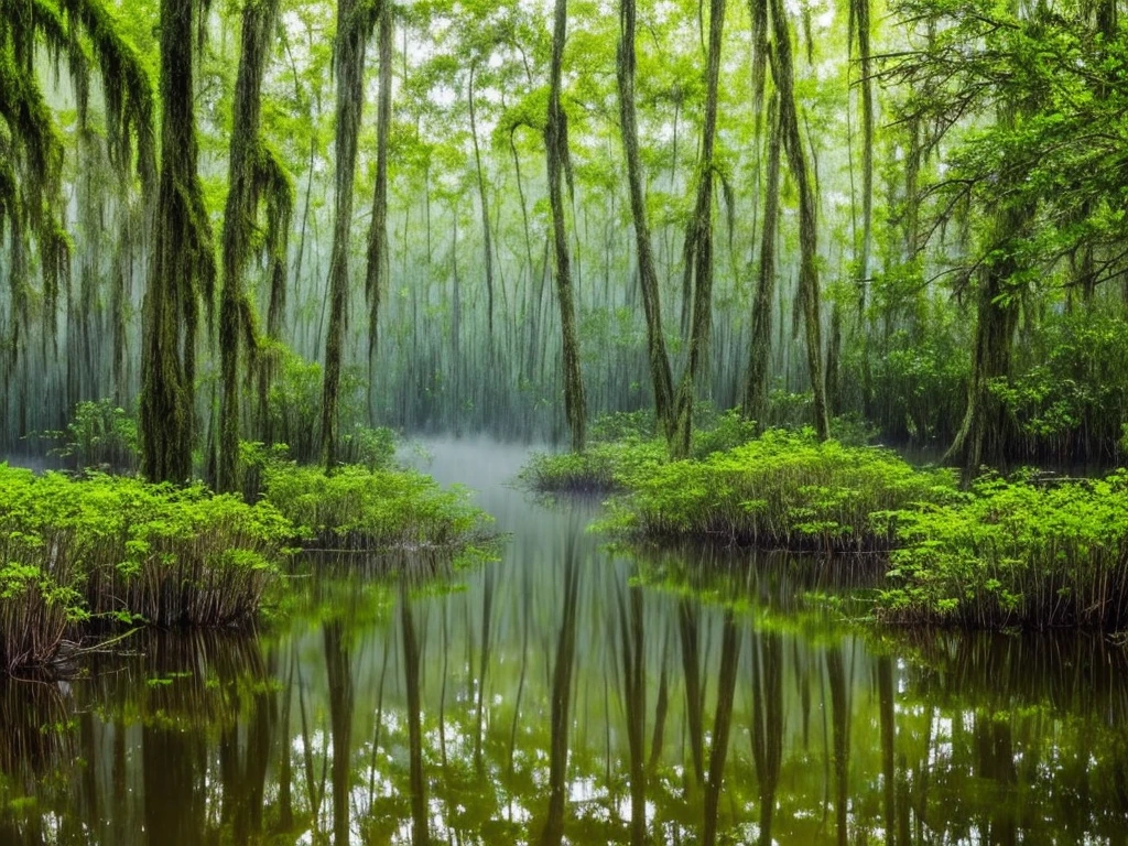 there are many flowers that are growing in the water, a picture by Leland Bell, flickr, romanticism, artistic swamp with mystic fog, misty swamp, located in a swamp at sunrise, scene from louisiana swamps, foggy swamp, in a misty pond, louisiana swamps, mystical forest lagoon, beautiful and mysterious, harmony of swamp, in a foggy pond