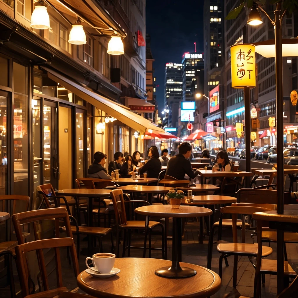 Cafe in the city at night、Coffee cup on the table