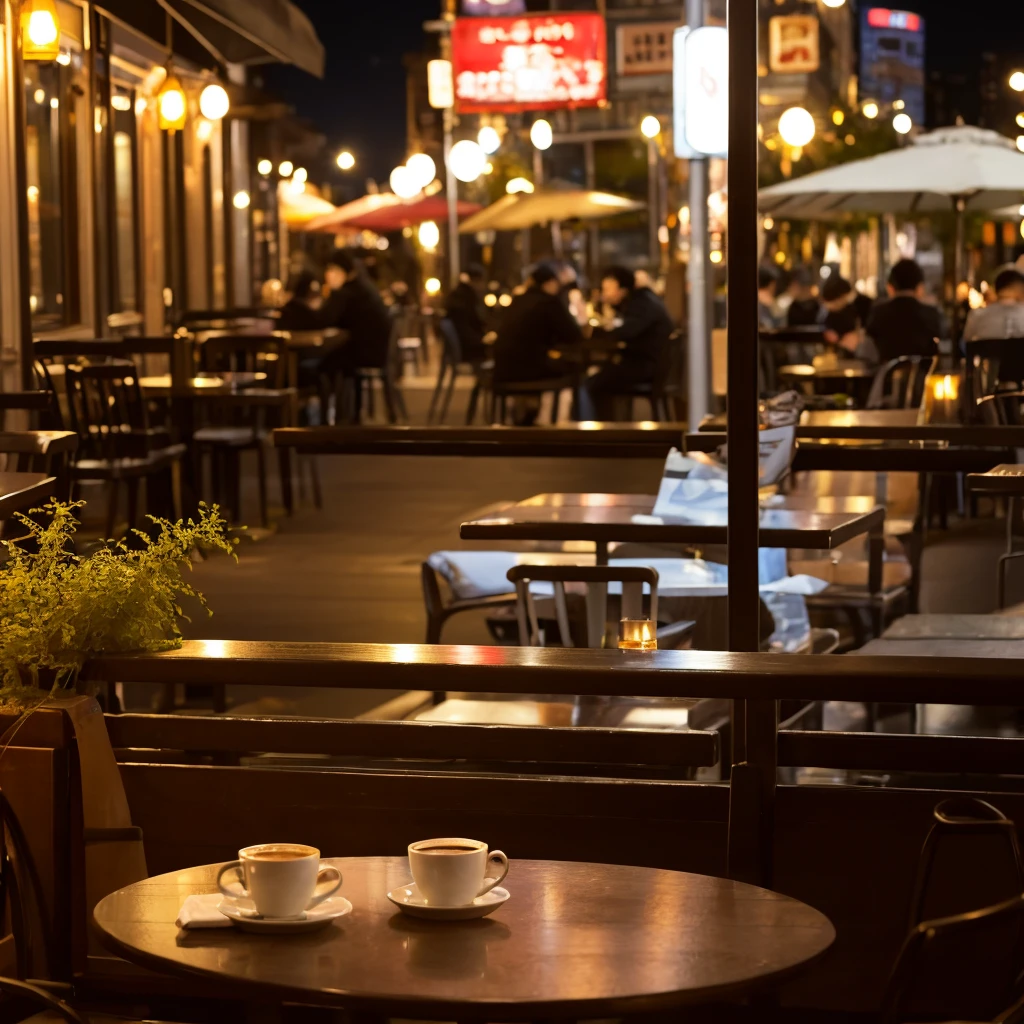 Cafe in the city at night、Coffee cup on the table