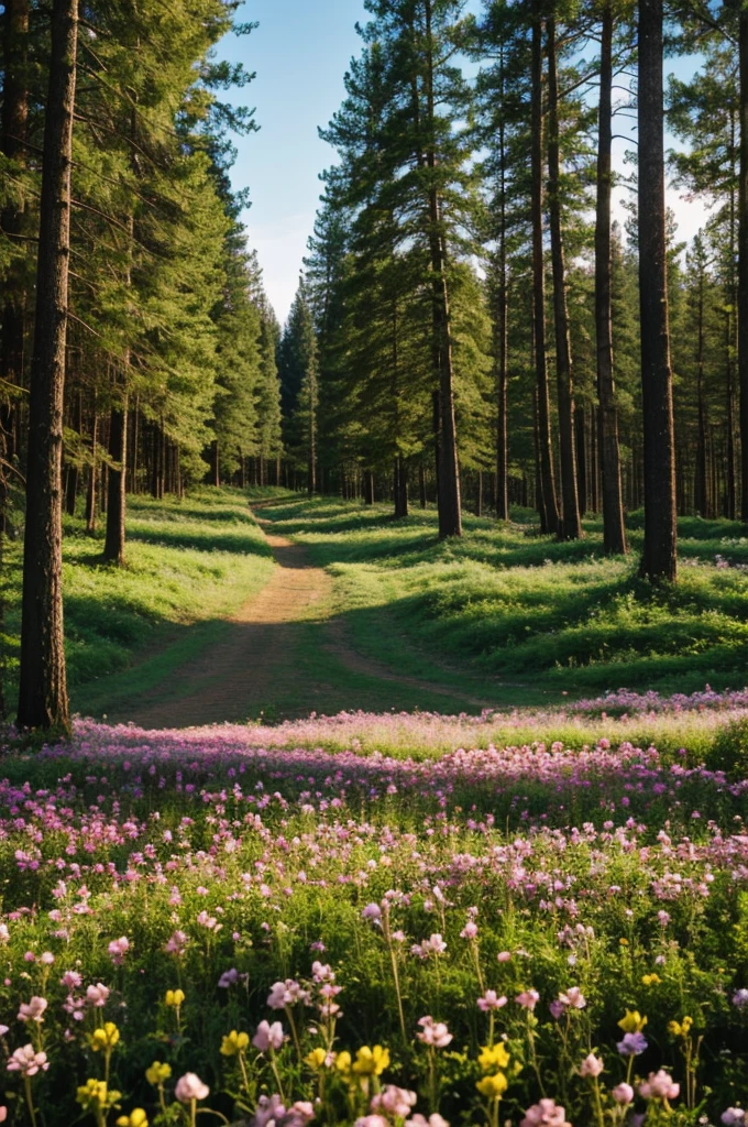 A beautiful forest with long trees and also flowers 