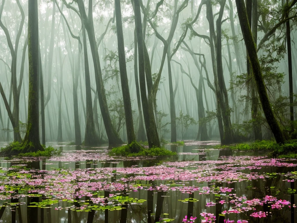 there are many flowers that are growing in the water, a picture by Leland Bell, flickr, romanticism, artistic swamp with mystic fog, misty swamp, located in a swamp at sunrise, scene from louisiana swamps, foggy swamp, in a misty pond, louisiana swamps, mystical forest lagoon, beautiful and mysterious, harmony of swamp, in a foggy pond