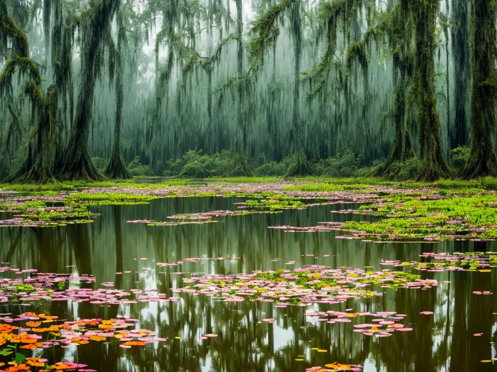 there are many flowers that are growing in the water, a picture by Leland Bell, flickr, romanticism, artistic swamp with mystic fog, misty swamp, located in a swamp at sunrise, scene from louisiana swamps, foggy swamp, in a misty pond, louisiana swamps, mystical forest lagoon, beautiful and mysterious, harmony of swamp, in a foggy pond