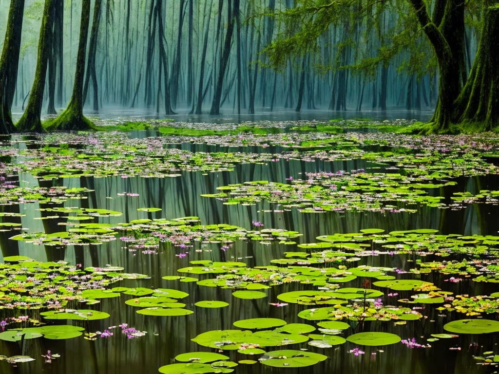 there are many flowers that are growing in the water, a picture by Leland Bell, flickr, romanticism, artistic swamp with mystic fog, misty swamp, located in a swamp at sunrise, scene from louisiana swamps, foggy swamp, in a misty pond, louisiana swamps, mystical forest lagoon, beautiful and mysterious, harmony of swamp, in a foggy pond