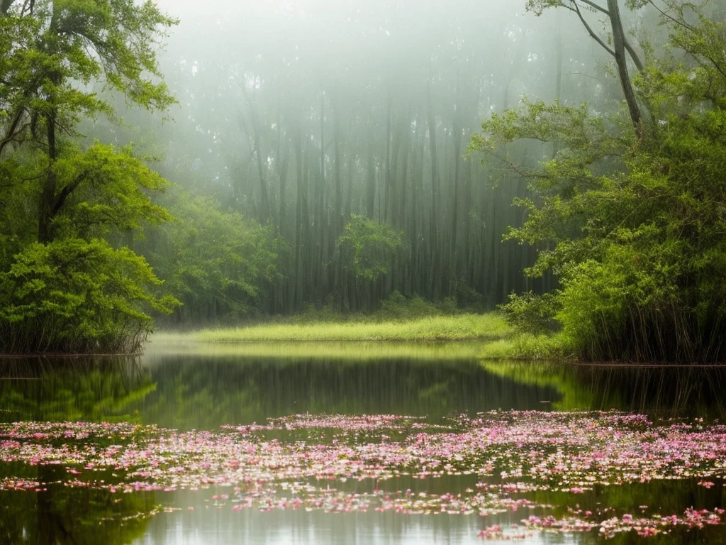 there are many flowers that are growing in the water, a picture by Leland Bell, flickr, romanticism, artistic swamp with mystic fog, misty swamp, located in a swamp at sunrise, scene from louisiana swamps, foggy swamp, in a misty pond, louisiana swamps, mystical forest lagoon, beautiful and mysterious, harmony of swamp, in a foggy pond