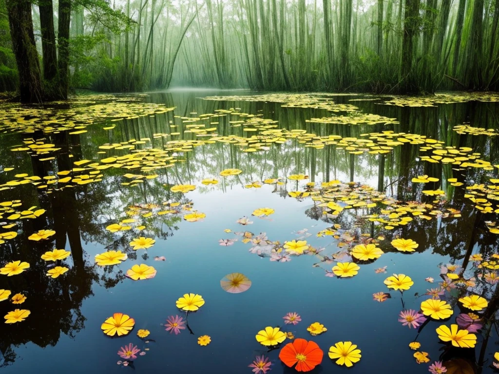 there are many flowers that are growing in the water, a picture by Leland Bell, flickr, romanticism, artistic swamp with mystic fog, misty swamp, located in a swamp at sunrise, scene from louisiana swamps, foggy swamp, in a misty pond, louisiana swamps, mystical forest lagoon, beautiful and mysterious, harmony of swamp, in a foggy pond