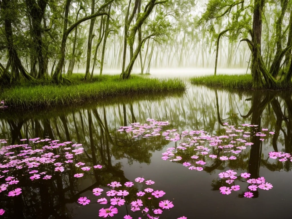 there are many flowers that are growing in the water, a picture by Leland Bell, flickr, romanticism, artistic swamp with mystic fog, misty swamp, located in a swamp at sunrise, scene from louisiana swamps, foggy swamp, in a misty pond, louisiana swamps, mystical forest lagoon, beautiful and mysterious, harmony of swamp, in a foggy pond