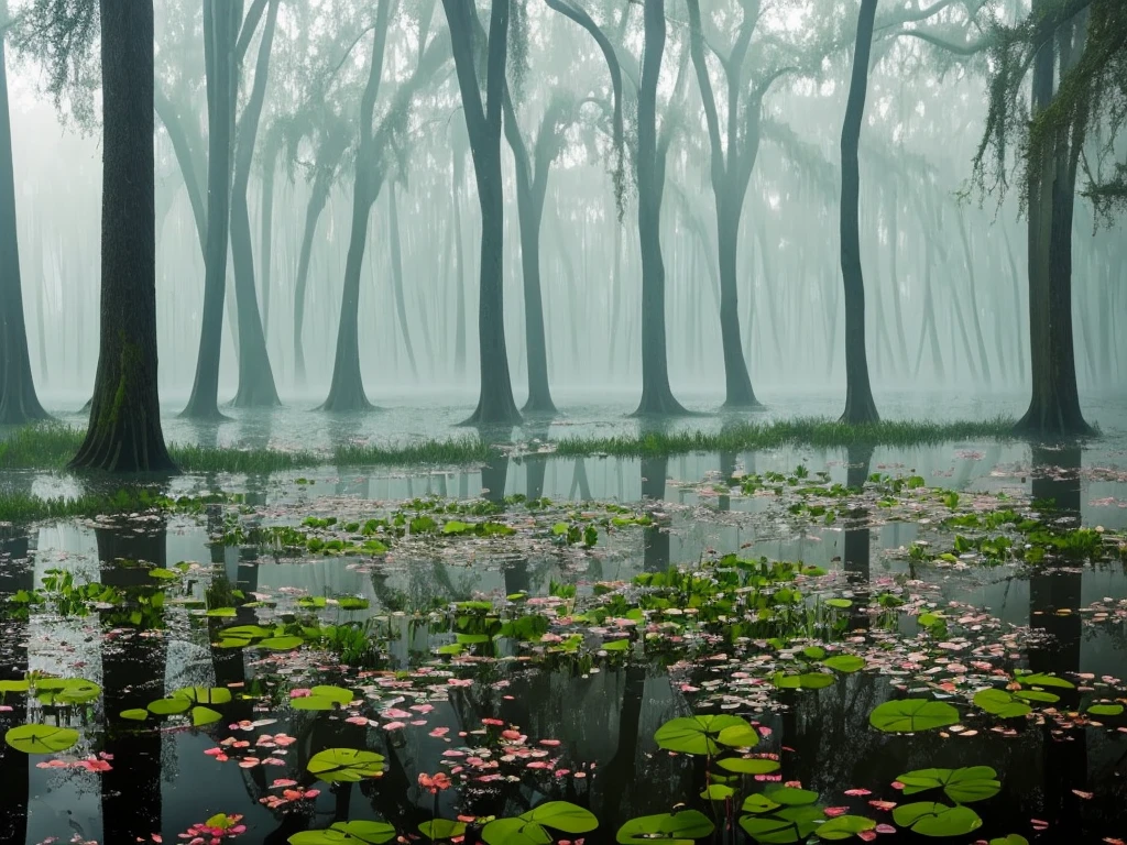 there are many flowers that are growing in the water, a picture by Leland Bell, flickr, romanticism, artistic swamp with mystic fog, misty swamp, located in a swamp at sunrise, scene from louisiana swamps, foggy swamp, in a misty pond, louisiana swamps, mystical forest lagoon, beautiful and mysterious, harmony of swamp, in a foggy pond