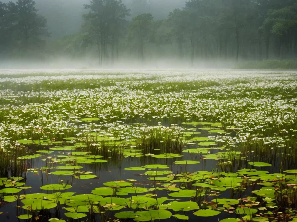 there are many flowers that are growing in the water, a picture by Leland Bell, flickr, romanticism, artistic swamp with mystic fog, misty swamp, located in a swamp at sunrise, scene from louisiana swamps, foggy swamp, in a misty pond, louisiana swamps, mystical forest lagoon, beautiful and mysterious, harmony of swamp, in a foggy pond