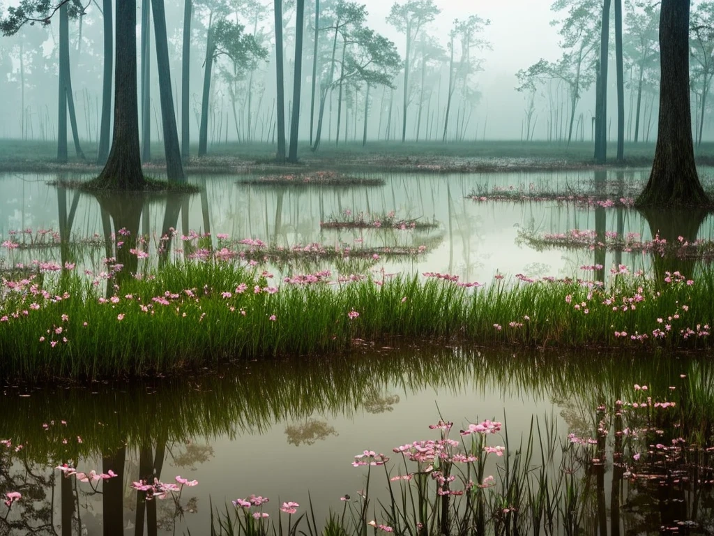 there are many flowers that are growing in the water, a picture by Leland Bell, flickr, romanticism, artistic swamp with mystic fog, misty swamp, located in a swamp at sunrise, scene from louisiana swamps, foggy swamp, in a misty pond, louisiana swamps, mystical forest lagoon, beautiful and mysterious, harmony of swamp, in a foggy pond