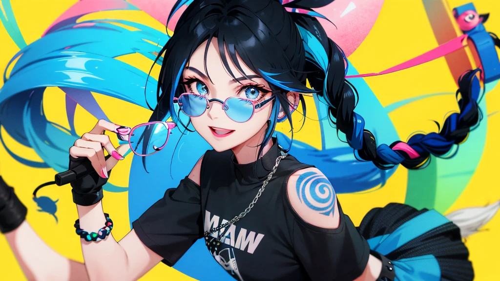 Woman (30 years: 1.0) with a tattoo type "VTAN" on his arm and in a black top, Black hair with blue streaks, braided into a tail. blue streaks on bangs, Modern style, Fan art of a city girl, blows pink bubblegum, Yellow, (round glasses with colored lenses: 1.0), Bright lipstick, Snide look, joyful smile