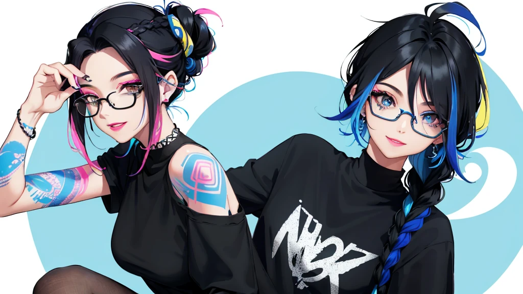 Woman (30 years: 1.0) with a tattoo type "VTAN" on his arm and in a black top, Black hair with blue streaks, braided into a tail. blue streaks on bangs, Modern style, Fan art of a city girl, blows pink bubblegum, Yellow, (round glasses with colored lenses: 1.0), Bright lipstick, Snide look, joyful smile