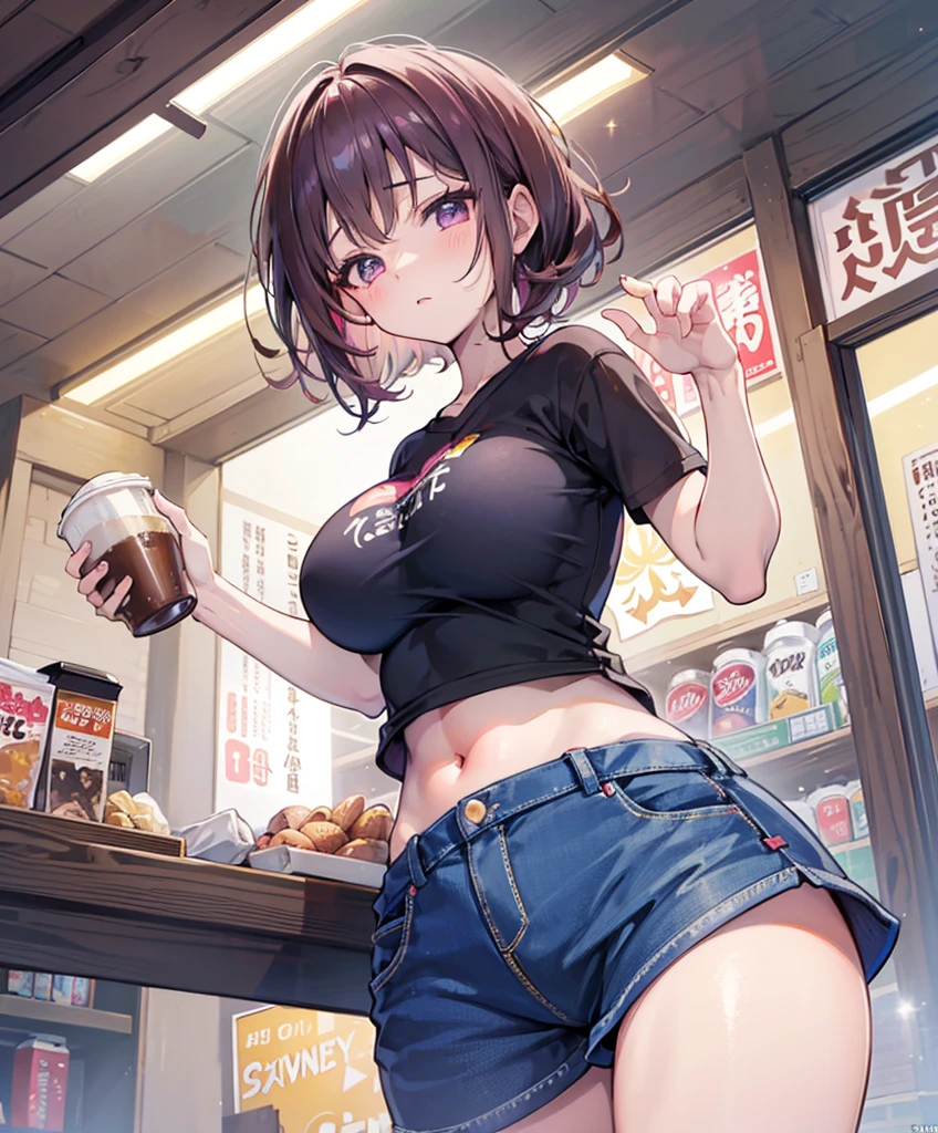 (masterpiece, Best Quality, ultra-detailed, high resolution, extremely detailed CG, official art, Professional Lighting, Perfect Anatomy, anime colors), (from below), looking at viewer, cowboy shot, perfect body, 24yo beautiful 1girl, medium hips, glamorous body,a small face,beautiful-makeup,Makeup light,Shortcut Hair,dark brown hair、Bust b Cup, Amazing Cleavage, thin waist, big ass, Raised sexy, big breast: 1.2 posed cleavage:1.2, (off shoulders,Sportsbra,legginullnude), micro denim shorts, bare legs, nail_polish, pale skin, Waiting friend, (morning:1.5), tokyo, (convenience store:1.3), outdoor, (depth of field:1.3), contrapposto, (Hold a coffee in your hand:1.3),delicate beautiful face, Bright magenta eyes, cute eyes, sparkling eyes, Big eyes, (big breasts:1.3), (perky chest:1.1), (pointed chest:1.3), looking at viewer,
Under boob, 19 years old, large breasts, triple D cup breasts, round buttocks, bubbly buttocks, wide hips, bubbly ass