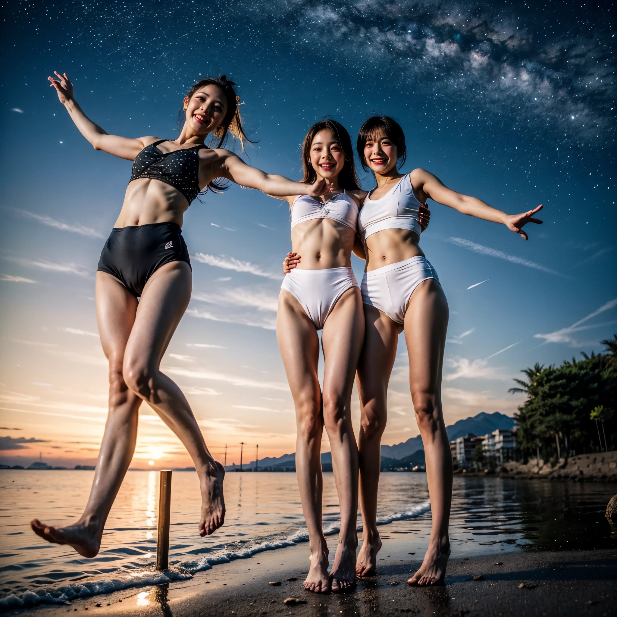 Masterpiece of ProfessionalPhoto ((ExtremelyDetailed (12 PICHIPICHI KAWAII Girls Floating in The Air in a row:1.37) in WHITE at Dusk Enoshima Beach)), {(Standing Full Body:1.2)|(from below:1.2)|Detailed KAWAII face}, Different types of hair colors, {(skinny(school swimwear))|(SchoolUniform)with Skinny AthleticShorts}, {(Corrected ish hand)|Hidden hand|Different types of breasarly Visible the shape of Butt)}, Joyfxpressions LifeLike Rendering, PerfectLighting, (Dazzling Horizon Visible through ThighGap), (Starry IridescentParticles:1.22) ColorfulClouds