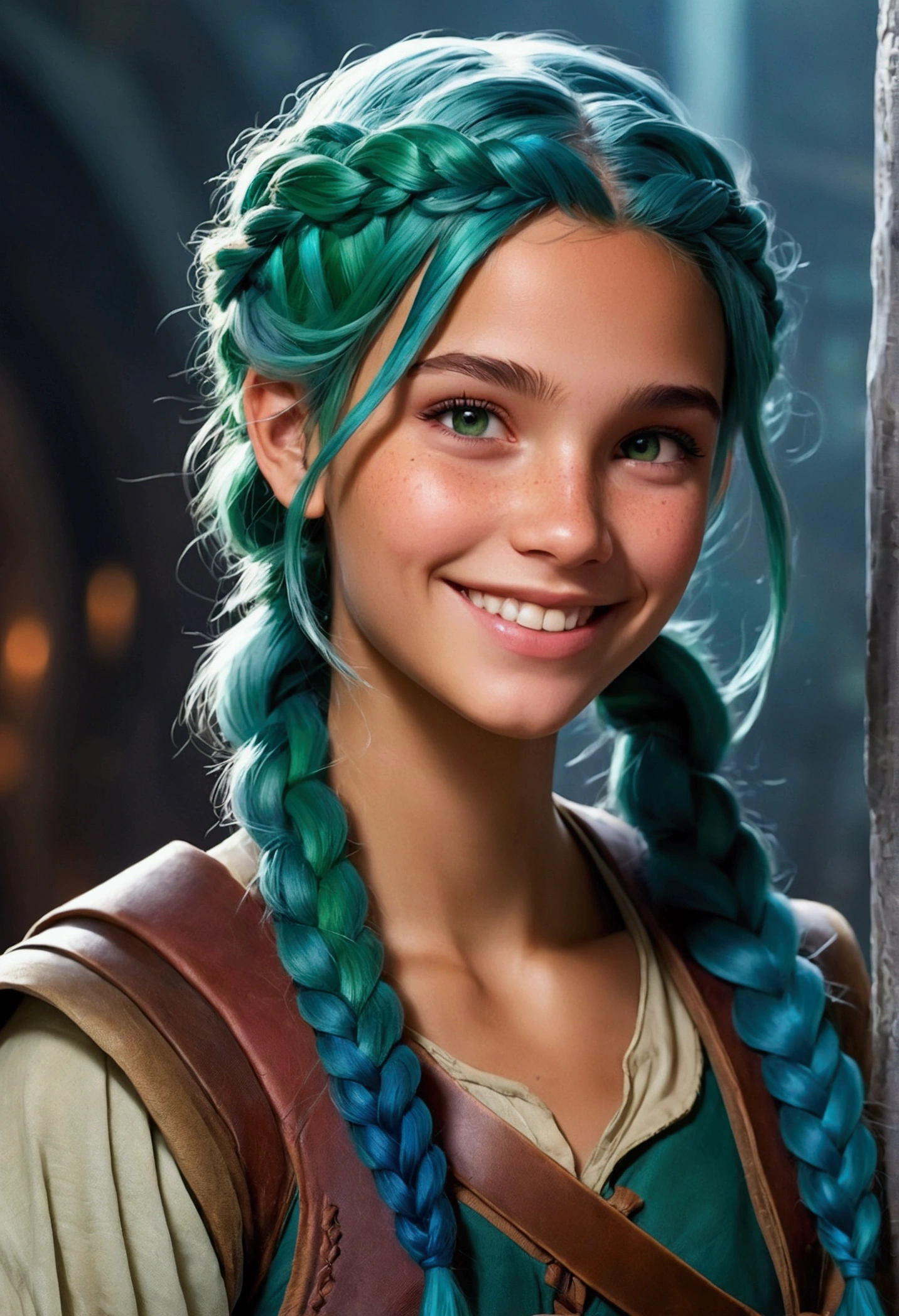 beautiful girl, DND game character, newt, tanned skin, blue-green hair braided in a loose braid, a perky grin on her face