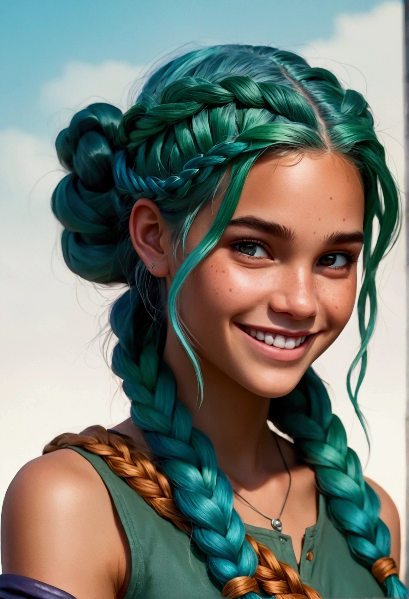 beautiful girl, DND game character, newt, tanned skin, blue-green hair braided in a loose braid, a perky grin on her face