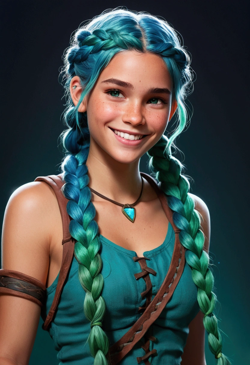beautiful girl, DND game character, newt, tanned skin, blue-green hair braided in a loose braid, a perky grin on her face