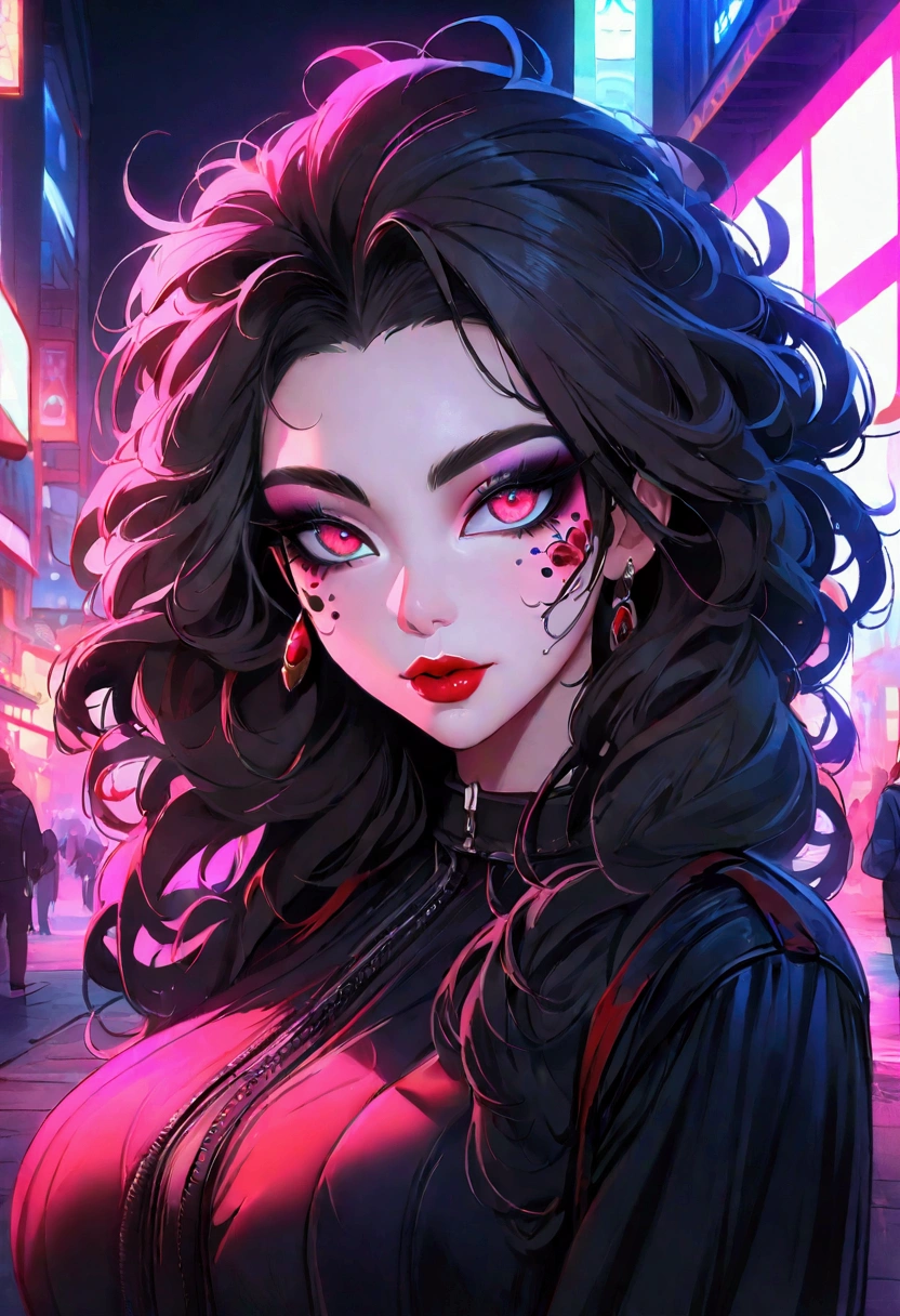 beautiful girl, Half Body Portrait, Short, bright red, messy hair, Black eyeshadow, (Street Style Wear:1.2), (Urban Background:1.2), Heavy makeup, Digital Art, Trending on Art Station, highly detailed, The finer details, Complex, beautiful detailed glow, detailed, Cinematic Light, High resolution, detailed facial features,Sharp focus, Smooth, beautiful,Big Tits