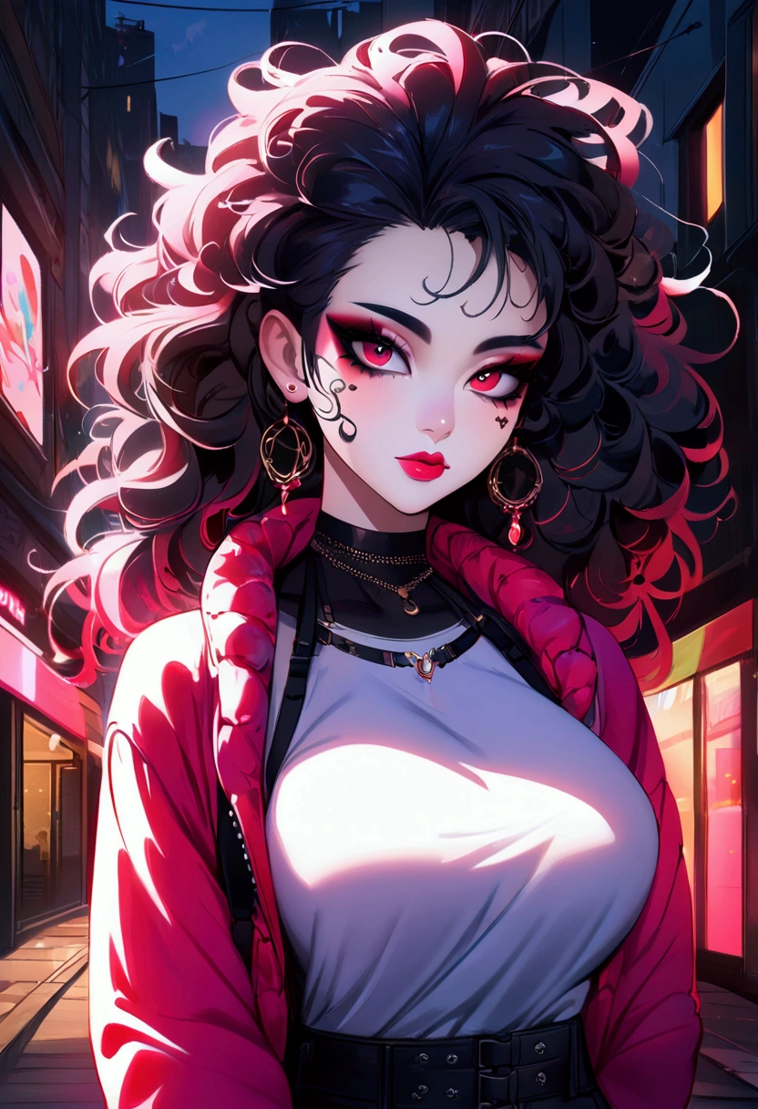 beautiful girl, Half Body Portrait, Short, bright red, messy hair, Black eyeshadow, (Street Style Wear:1.2), (Urban Background:1.2), Heavy makeup, Digital Art, Trending on Art Station, highly detailed, The finer details, Complex, beautiful detailed glow, detailed, Cinematic Light, High resolution, detailed facial features,Sharp focus, Smooth, beautiful,Big Tits