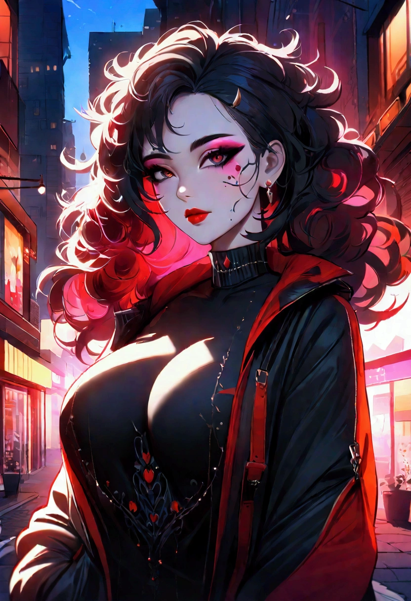 beautiful girl, Half Body Portrait, Short, bright red, messy hair, Black eyeshadow, (Street Style Wear:1.2), (Urban Background:1.2), Heavy makeup, Digital Art, Trending on Art Station, highly detailed, The finer details, Complex,  beautiful detailed glow, detailed, Cinematic Light, High resolution, detailed facial features,Sharp focus, Smooth, beautiful,Big Tits