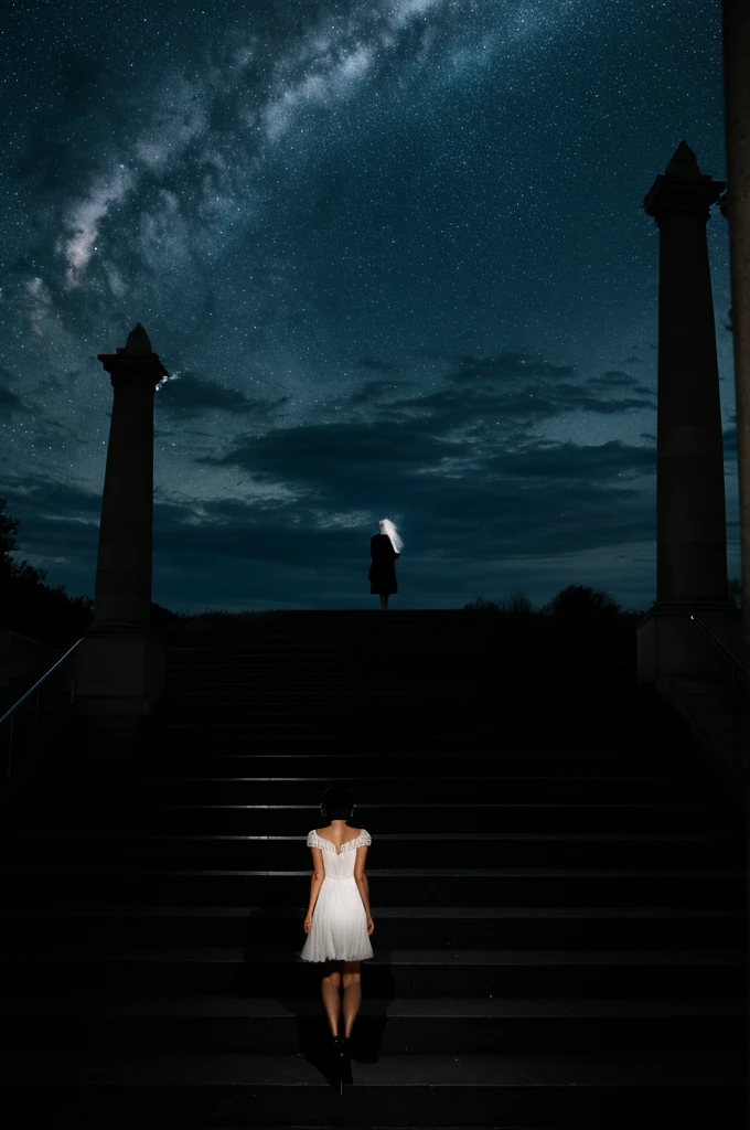 pearlygates, 1girl, solo, dress, stairs, black hair, short hair, cloudy sky, night, scenery, from behind, night sky, standing, pillar, light particles