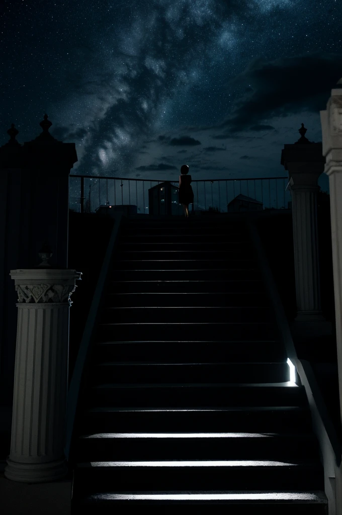 pearlygates, 1girl, solo, dress, stairs, black hair, short hair, cloudy sky, night, scenery, from behind, night sky, standing, pillar, light particles