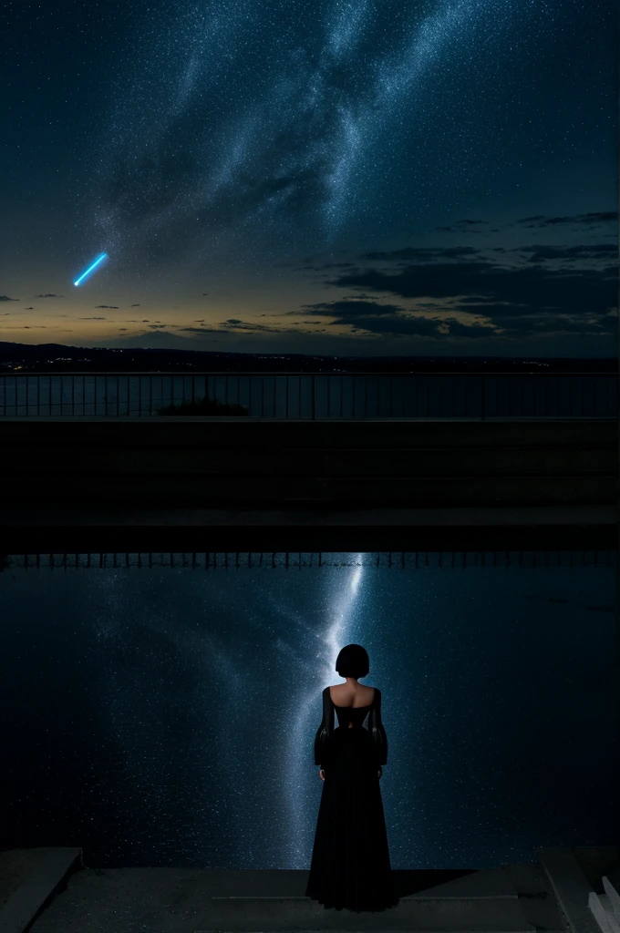 pearlygates, 1girl, solo, dress, stairs, black hair, short hair, cloudy sky, night, scenery, from behind, night sky, standing, pillar, light particles