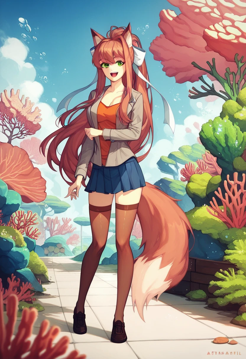 (masterpiece, best quality:1.2)((coral brown hair))((emerald green eyes)),solo,1girl,monika(doki doki literature club),(standing_fox_ears), (high_stockings), ((casual_outfit)), (neutral pose), (happy face expression)