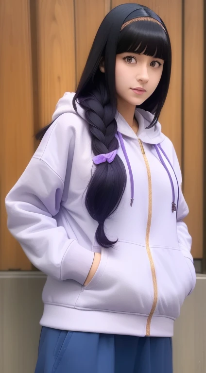 masterpiece, best quality, ultra-detailed, illustration,1girl,
long hair, dark blue hair, french braid, purple eyes, blunt bangs, 
Wearing Streetwear Hoodie, stylish,
medium breast,  
looking at viewer, hinata\(shippuden\)