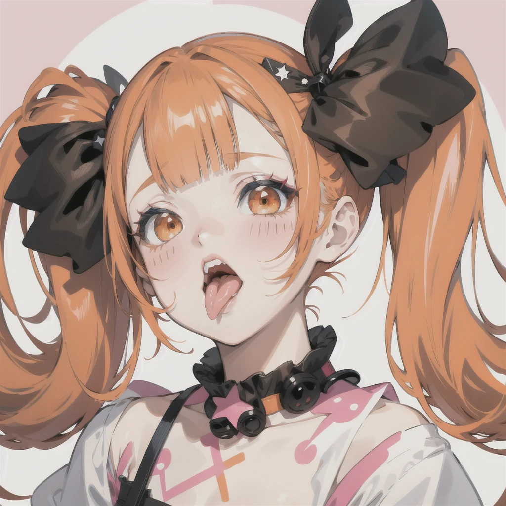 One girl, masterpiece, Twin tails, bangs, Orange Hair, Two Side Up, Heavy makeup, Sticking out tongue, Round eyes, Zoom Layer, Star Hair Accessories, Illustration, Cancerのイメージ,Pink background,Cancer