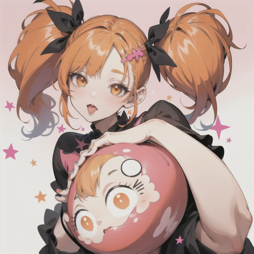 One girl, masterpiece, Twin tails, bangs, Orange Hair, Two Side Up, Heavy makeup, Sticking out tongue, Round eyes, Zoom Layer, Star Hair Accessories, Illustration, Cancerのイメージ,Pink background,Cancer