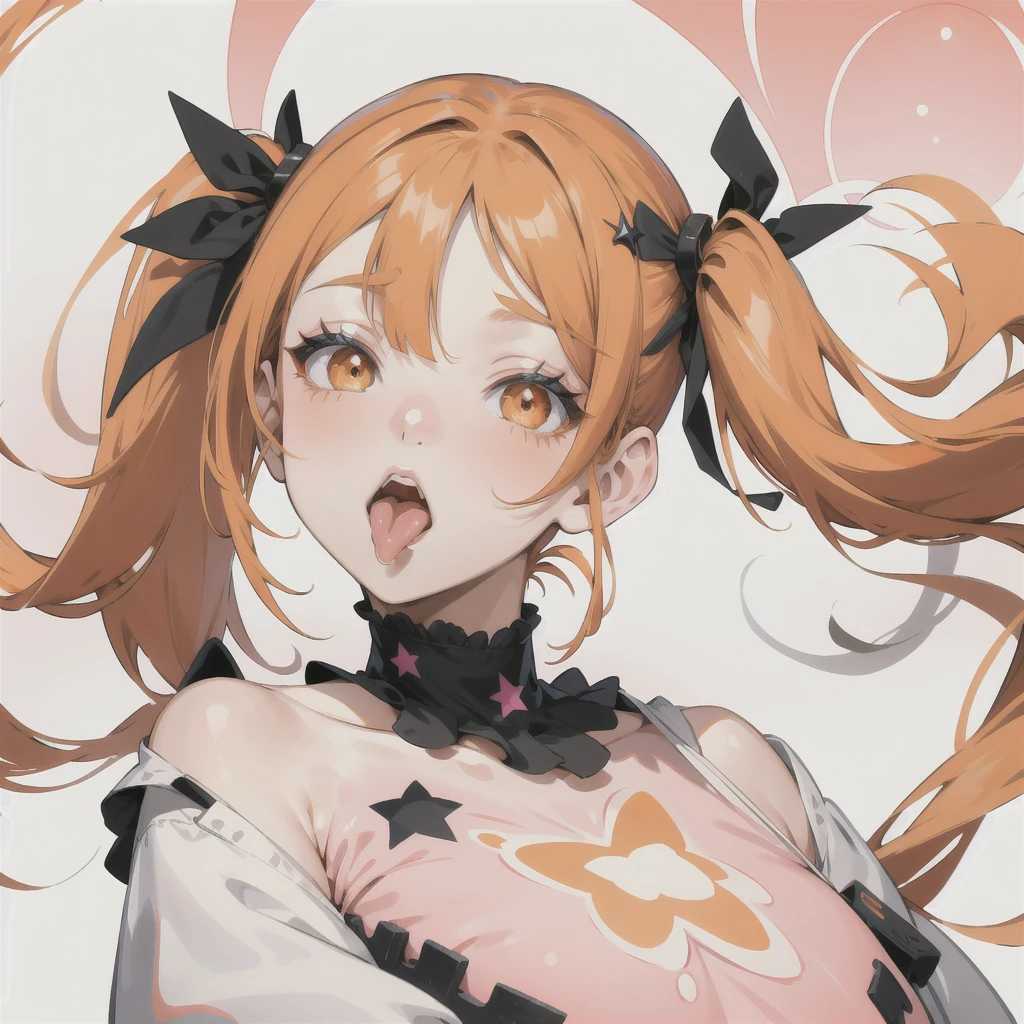 One girl, masterpiece, Twin tails, bangs, Orange Hair, Two Side Up, Heavy makeup, Sticking out tongue, Round eyes, Zoom Layer, Star Hair Accessories, Illustration, Cancerのイメージ,Pink background,Cancer
