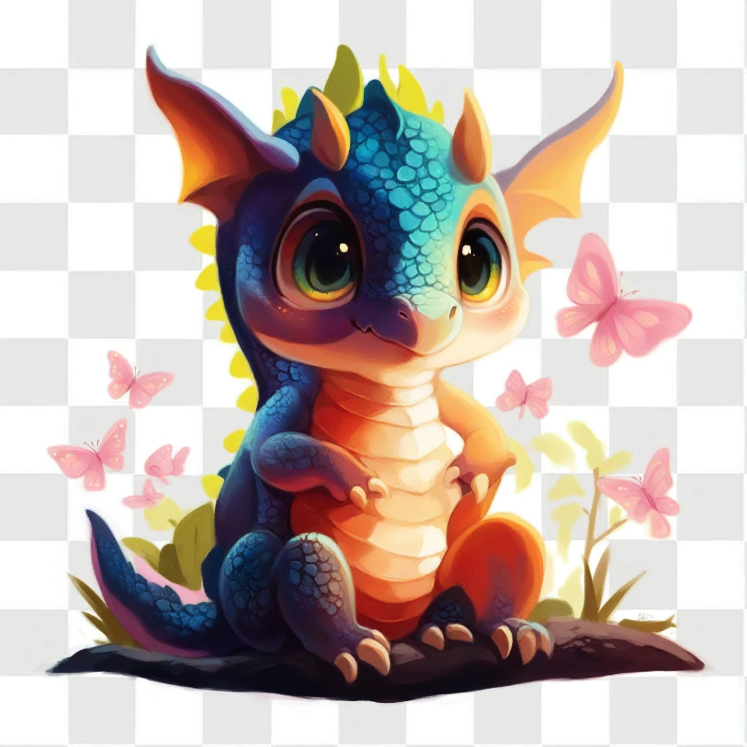 a cartoon dragon sitting on a rock with butterflies and flowers in the background, Cute little dragon, Detailed and cute digital art, very cute purple dragon, cute digital art, newborn dragon, cute colorful adorable, stuffed dragon, a beautiful blue dragon, dragon in the background, alebrijes aesthetic, cute woodland creature, adorable digital painting, High quality 8k detailed artwork
