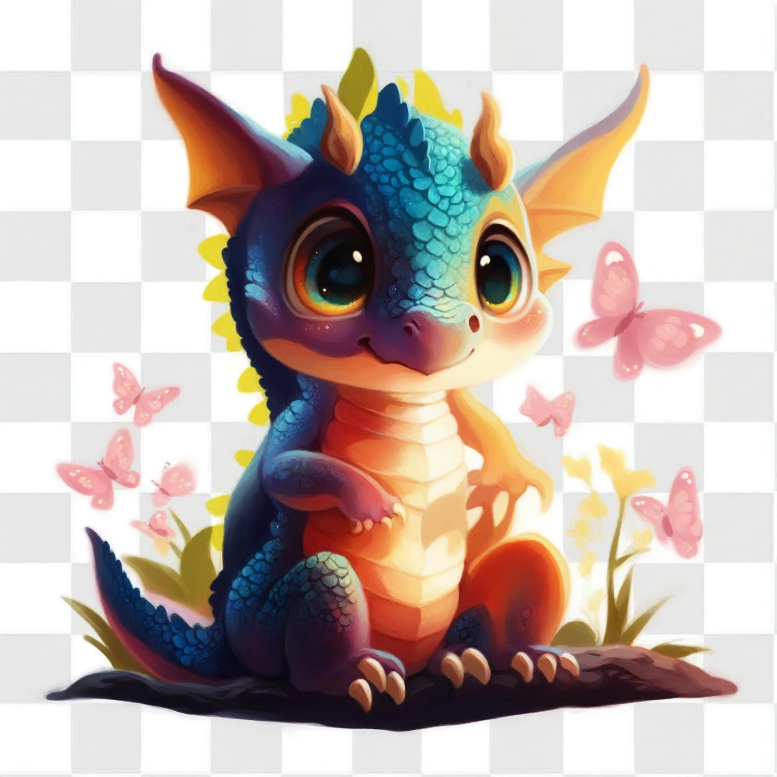 a cartoon dragon sitting on a rock with butterflies and flowers in the background, Cute little dragon, Detailed and cute digital art, very cute purple dragon, cute digital art, newborn dragon, cute colorful adorable, stuffed dragon, a beautiful blue dragon, dragon in the background, alebrijes aesthetic, cute woodland creature, adorable digital painting, High quality 8k detailed artwork