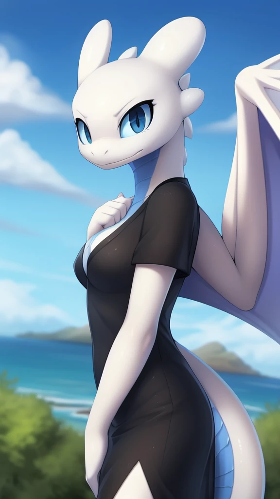 By zinfyu,by twistedscarlet60, uploaded on pixiv, by fluff-kevlar, (masterpiece), (best quality), (solo female:1.2), (extremely detailed:1.3),(detailed eye,blue eye), Lightfury, From how to train you dragon, looking on viewer, dragon face, dragon nose, dragon mouth,two-toned fur, white-Blue, blue belly,Blue front side, beautiful dragon face, dragon, white, white body,small breast,dragon wing,Sharp:1.2, perfect figure beautiful woman:1.4, Hourglass body:1.2, tail,slim ,small belly, wearing black dress, has eyebrows, beautiful eyebrows, long eyebrows, View on viewer