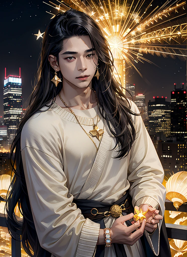 1 boy, asian, long hair, brown, jewelry, holding star fragment, glowing city background, night, yellow exposure, rolex, rings, earrings, looking up, camera angle, star fragment, gentle, grey sweater, open neck, neckalce, attention focus on face, seashells