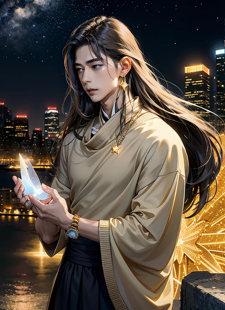 1 boy, asian, long hair, brown, jewelry, holding star fragment, glowing city background, night, yellow exposure, rolex, rings, earrings, looking up, camera angle, star fragment, gentle, grey sweater, open neck, neckalce, attention focus on face, seashells