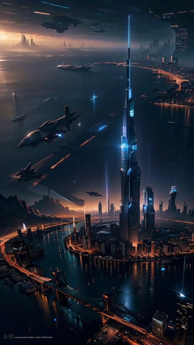 Night view seen from an airplane,future city:1.3,port,flying spaceship,skyscraper,master piece,highest quality,ultra high resolution,(Super detailed:1.2),8K,photorealistic,best aesthetic,beautiful
