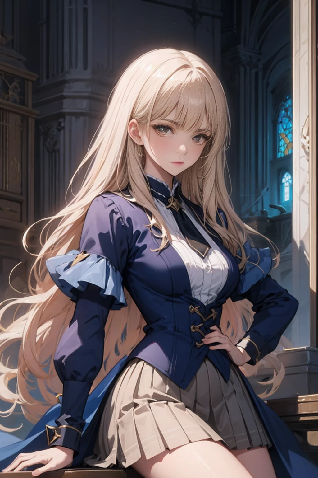Highest quality, Great quality, 16K, Unbelievably absurd, Very detailed, 2.5D, delicate and dynamic, cathedral, library, mechanical, , Small face, Very delicate facial expressions, Delicate eye depiction, Very fine hair, Upper body close-up, erotic, The only sexy Japanese woman, Healthy body shape, 22-year-old woman, Wizard, Large, firm, swaying bust, Silvery long hair, Sexy long legs, Glowing Skin, , ゴシック風の派手なWizardのコスチューム, Brown tight skirt, black leather long boots, owl