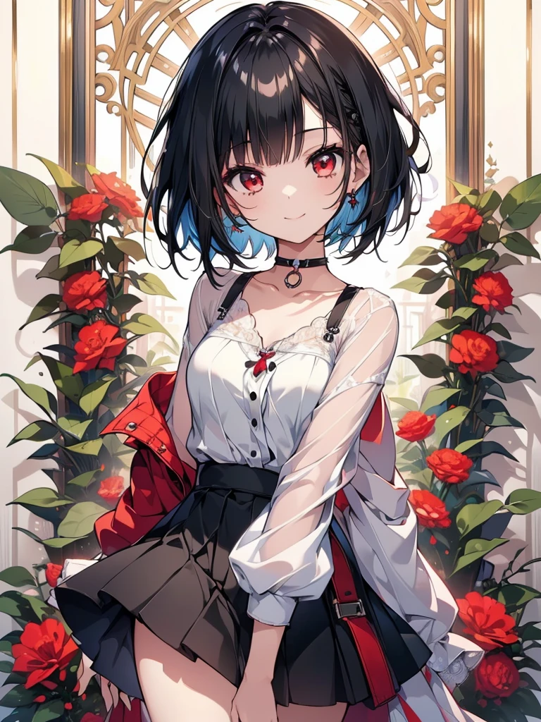(masterpiece, highest quality, highest quality, (No text), Beautiful and aesthetic:1.2),No text,アニメ、BREAK,One Girl,Black Hair Girl short hair older sister choker Beautiful eyes Red eyes cool smile Red and Black one piece mini skirt whole body In town