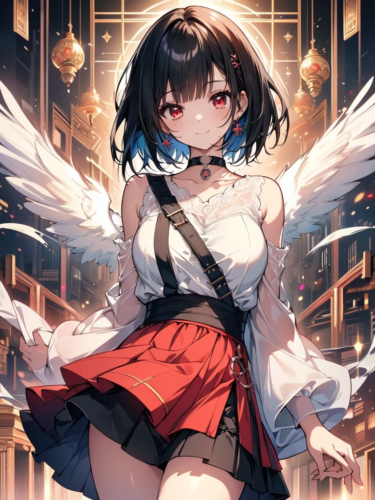 (masterpiece, highest quality, highest quality, (No text), Beautiful and aesthetic:1.2),No text,アニメ、BREAK,One Girl,Black Hair Girl short hair older sister choker Beautiful eyes Red eyes cool smile Red and Black one piece mini skirt whole body In town