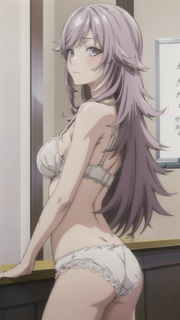 alone, One girl, View your viewers, sketch, Flat Color, 2D, anime, anime coloring, Light purple hair, long hair, Messy Hair, cowboy shot, (Pure white lace bra, Pure white lace panties), Crying face, large breast, back view