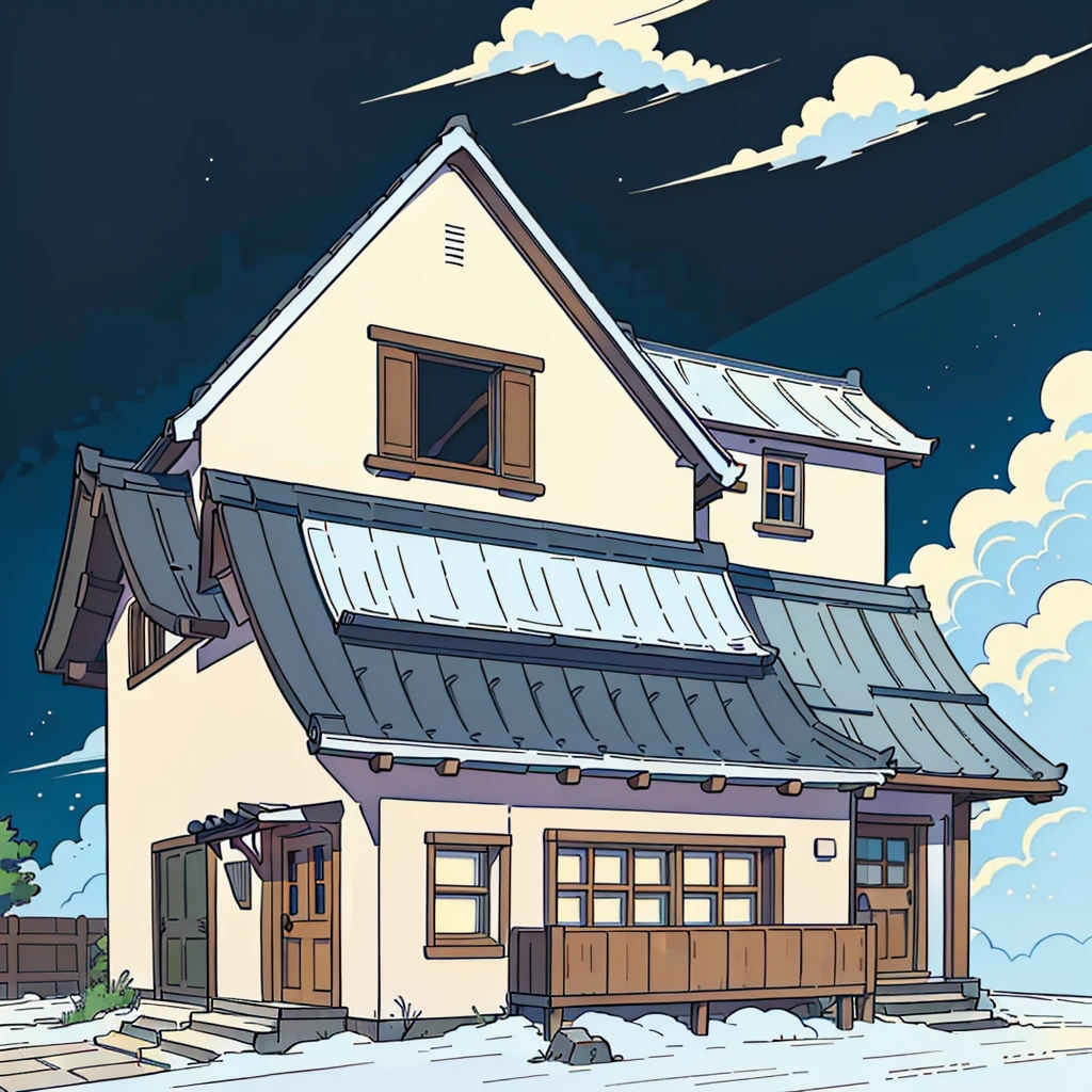 (Highest quality:0.8), (Highest quality:0.8), (((No humans))), Anime illustration, リアリティーはあるAnime illustration、Front view, Ivory colored house、The roof is black、Background