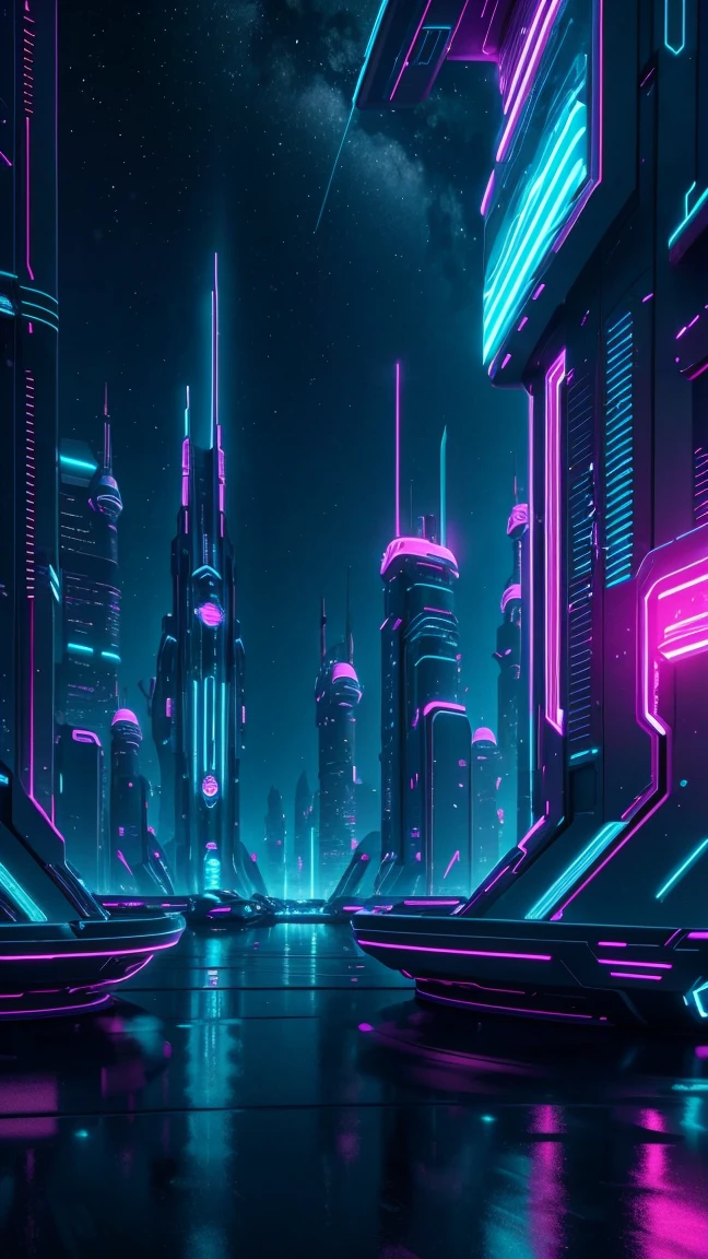 futuristic night city in space, neon lights, modern, 8k details, ultrarealistic, realistic, 8K highest quality,ultra high resolution,Super detailed,8K,photorealistic,best aesthetic,beautiful