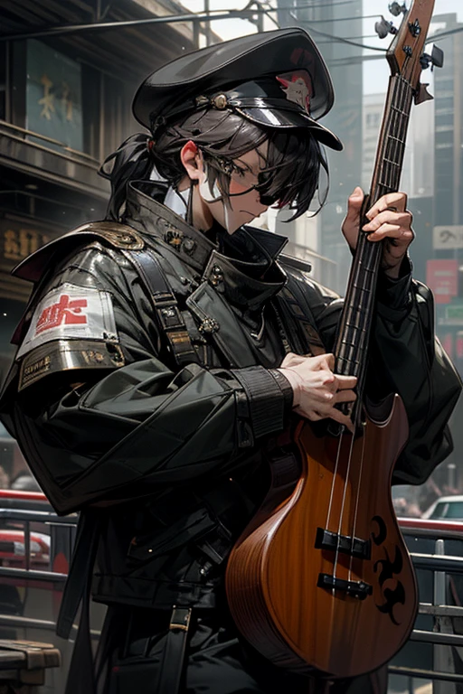 masterpiece,best quality,super detailed,super fine illustration,8k,Visual Kei Band,bass,army jacket,army hat,Eye patch,Break detailed background,city,Break bass,perfect bass,detailed bass,(Break he plays a bass.,perfect hands,perfect fingers,)