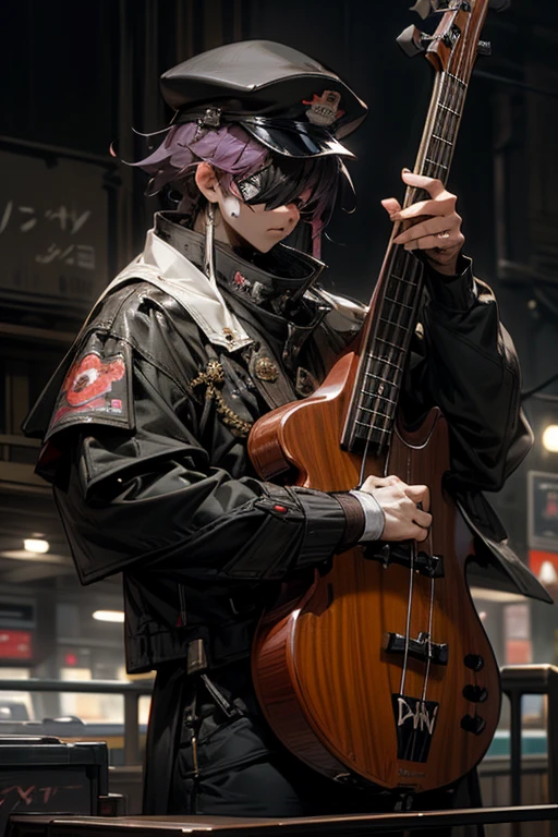 masterpiece,best quality,super detailed,super fine illustration,8k,Visual Kei Band,bass,army jacket,army hat,Eye patch,Break detailed background,city,Break bass,perfect bass,detailed bass,(Break he plays a bass.,perfect hands,perfect fingers,)