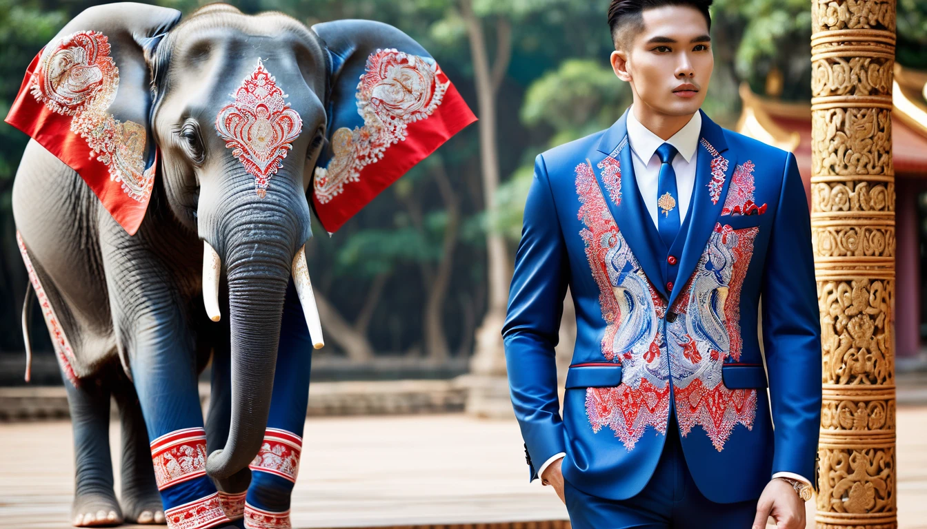 ((best quality)), ((Masterpiece)), (details), full body shot, elegant formal sports fashion, modern Thai-inspired designs, intricate Thai elephant on the jacket highlighted,blue, red, and white hues, reflecting cultural vibrancy