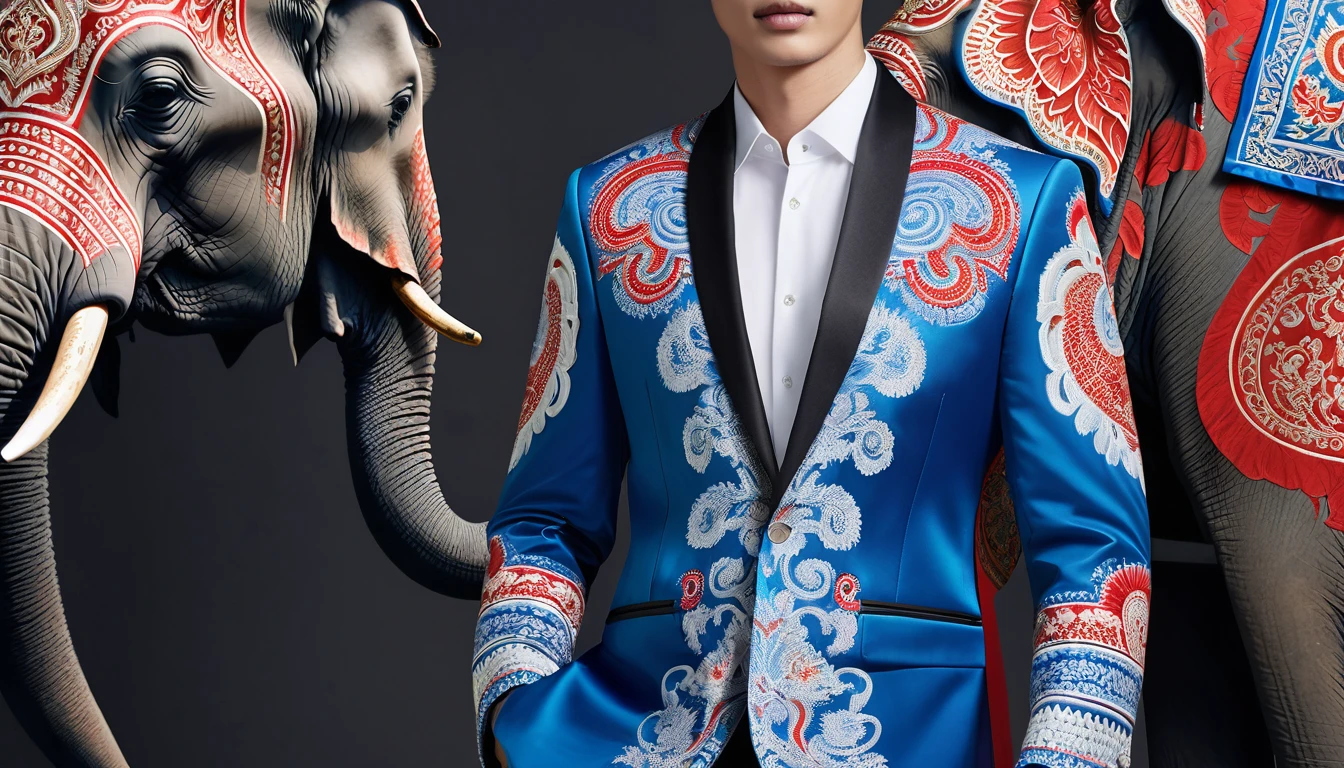 ((best quality)), ((Masterpiece)), (details), full body shot, elegant formal sports fashion, modern Thai-inspired designs, intricate Thai elephant on the jacket highlighted,blue, red, and white hues, reflecting cultural vibrancy